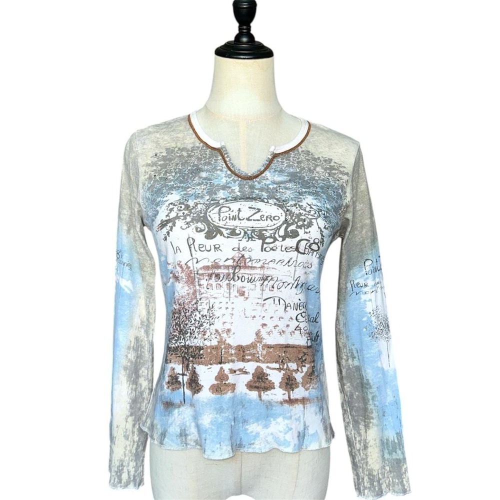 Y2K embellished abstract graphic print long sleeve cotton top